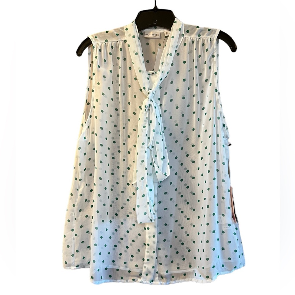 Eva Mendes for New York & Company White and Green Polka Dot Blouse